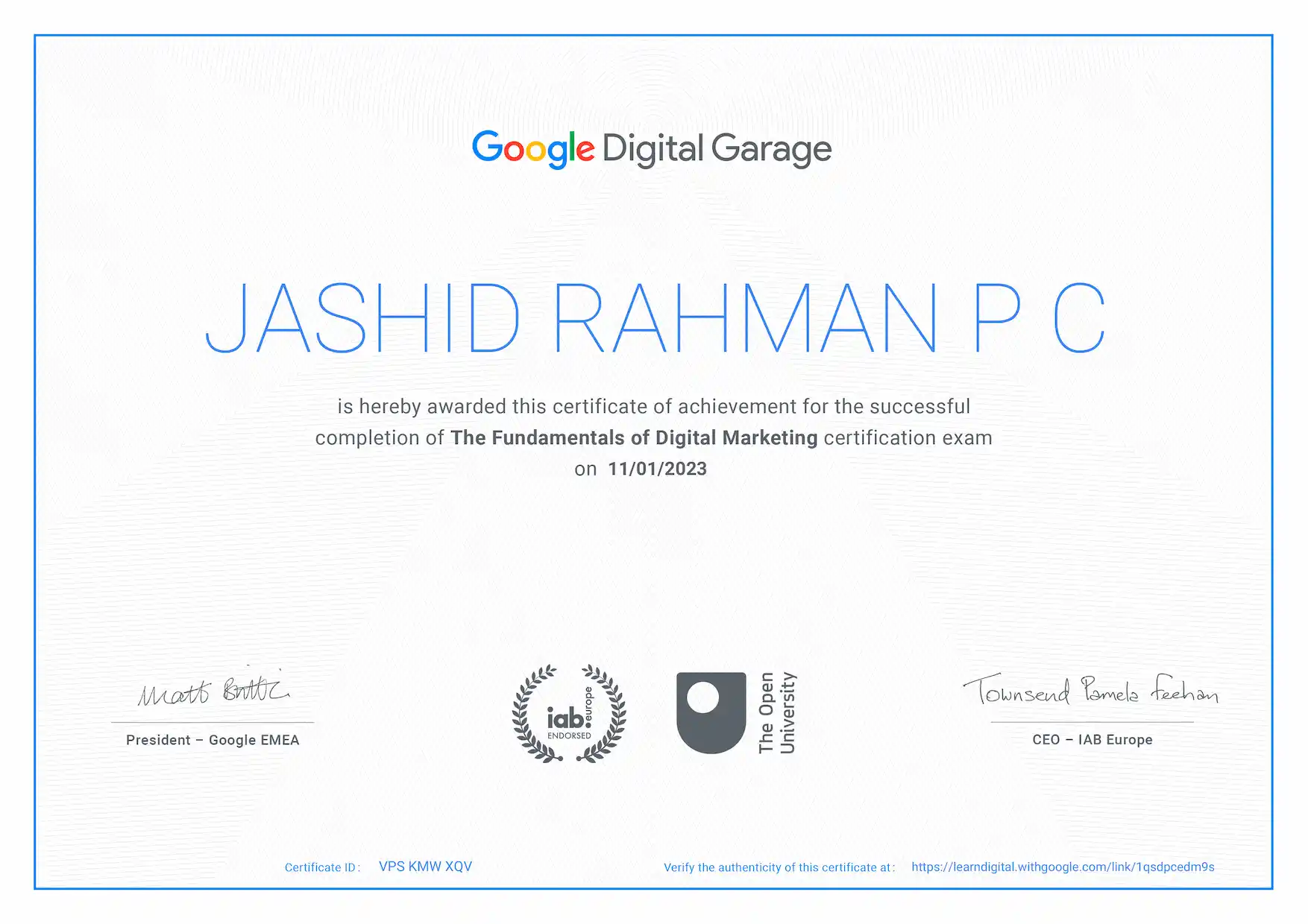 DIGITAL MARKETING SPECIALIST IN MALAPPURAM _ KERALA digital garage_certificate